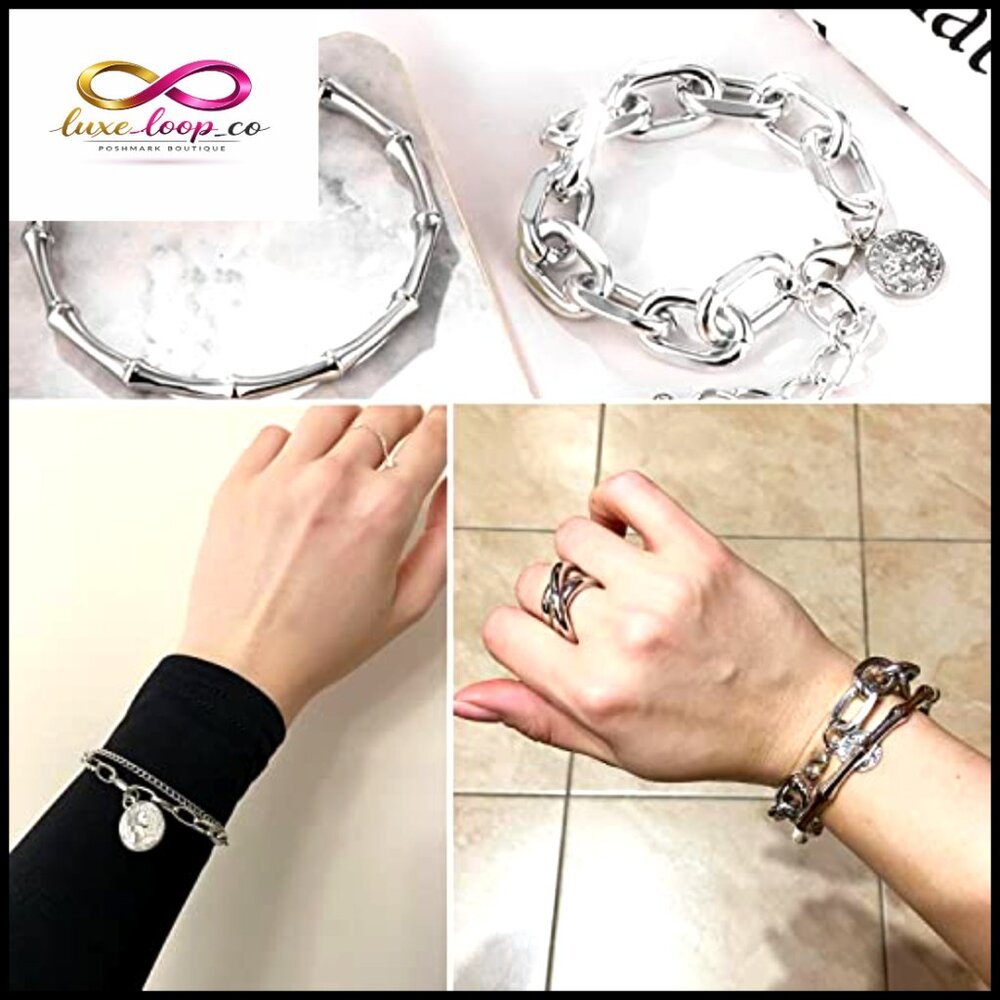 Silver Stackable Bracelets Set Chunky Dainty Adju… - image 5